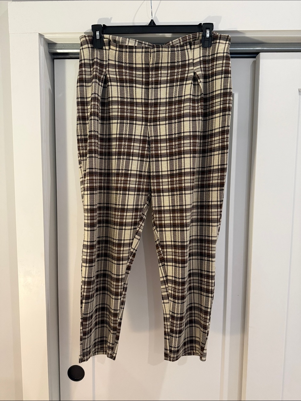 Free People Plaid Stretch Trousers in Cream and Brown